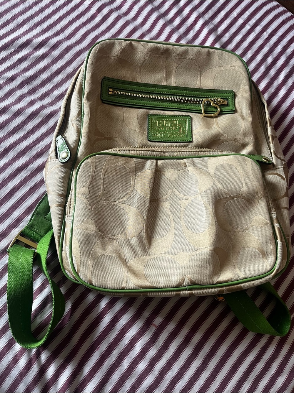 Coach Beige Signature Canvas Backpack with Green Trim